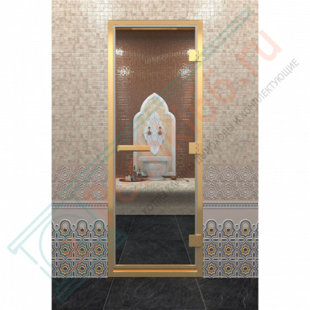 Стеклянная дверь DoorWood «Хамам Прозрачная» в золотом профиле 2000х900 (по коробке)